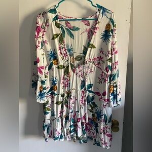 Blue Island Tropical Floral Women's Blouse - White, Pink, Green, Gold